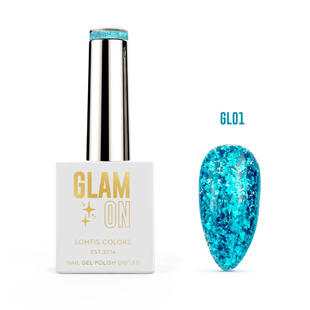 Trajni lak Somfis Glam ON GL01 tirkizni glitter 9ml s mješavinom zrnaca